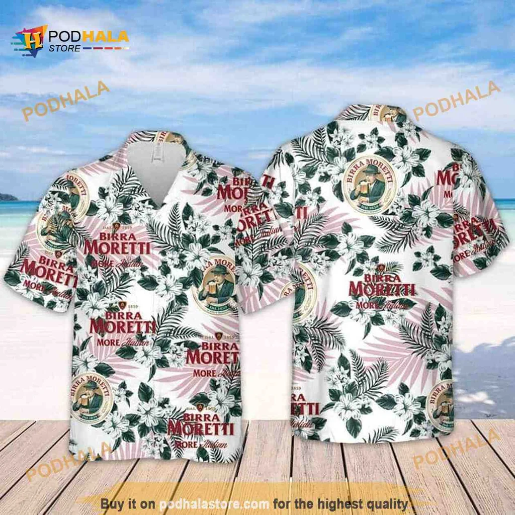 Birra Moretti Tropical Hawaiian Shirt With Beer Character And Floral Design