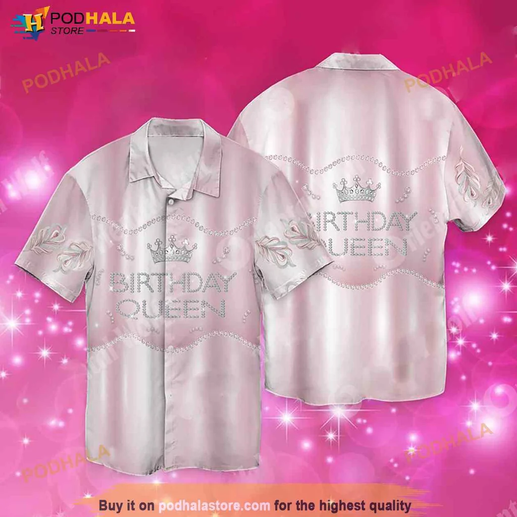 Birthday Queen Hawaiian Shirt With Crown And Floral Motifs