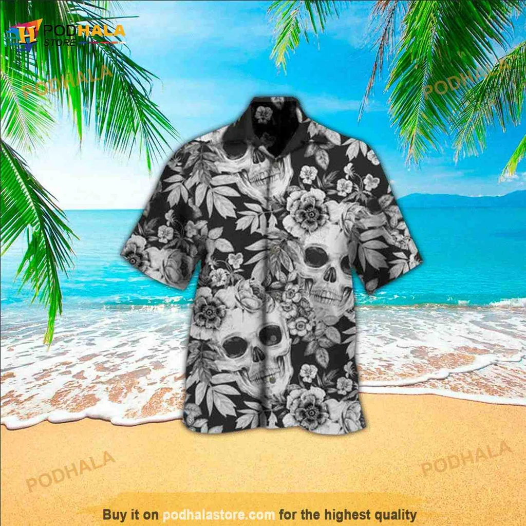 Black And White Floral Skull Hawaiian Shirt For Edgy Summer Style