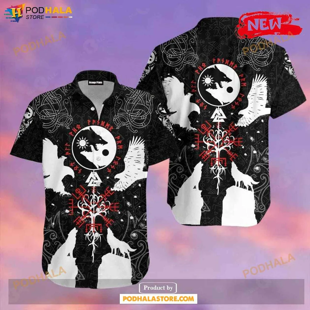 Black And White Viking Hawaiian Shirt With Ravens And Geometric Patterns