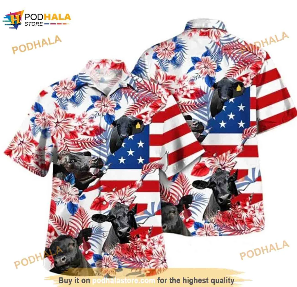 Black Angus American Flag Hawaiian Shirt With Tropical Flowers