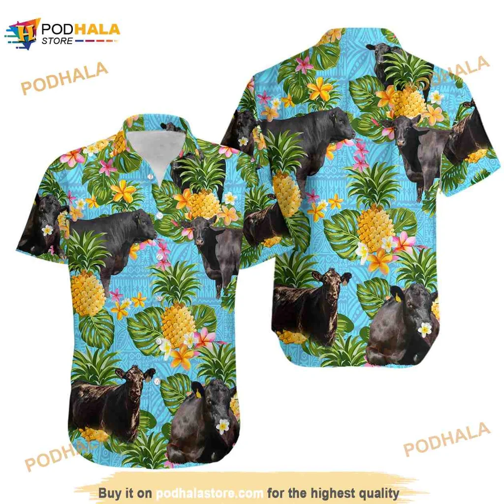 Black Angus Cattle Lover Hawaiian Shirt With Tropical Design