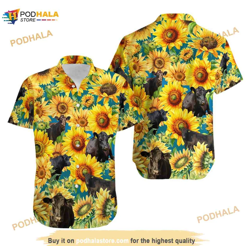Black Angus Cattle Lovers Hawaiian Shirt With Sunflower Design