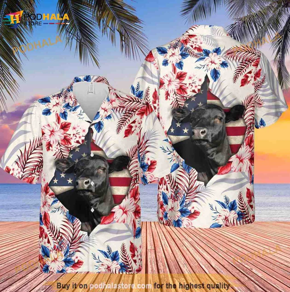 Black Angus Cow American Flag Hawaiian Shirt With Hibiscus Flowers