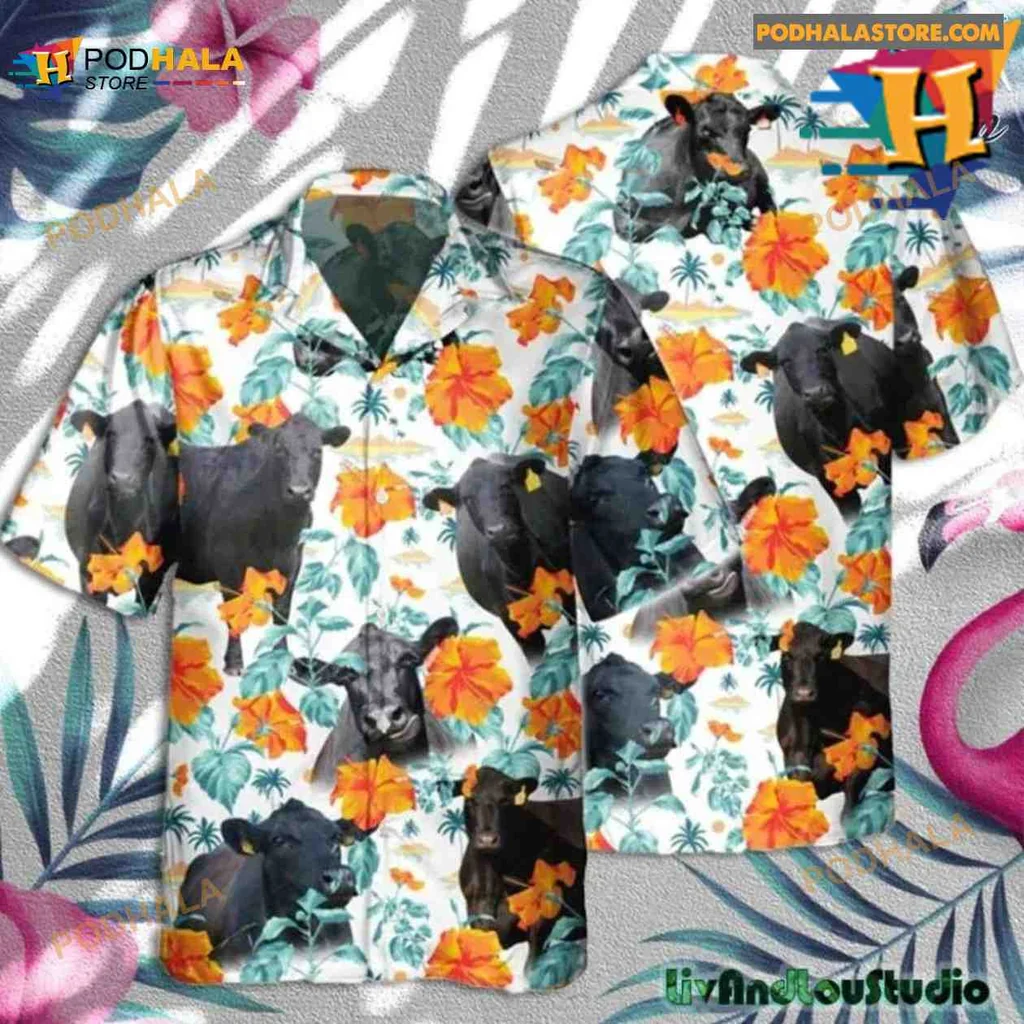 Black Angus Cow Floral Hawaiian Shirt With Orange Hibiscus Design