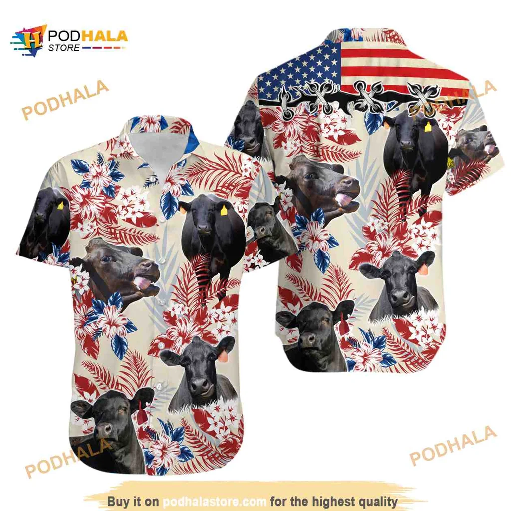 Black Angus Cow Hawaiian Shirt With American Flag Design