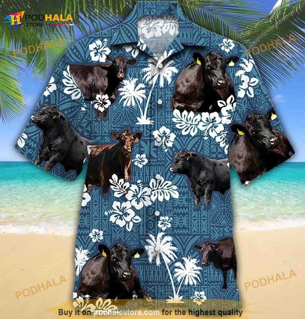 Black Angus Cow Hawaiian Shirt With Hibiscus Flowers