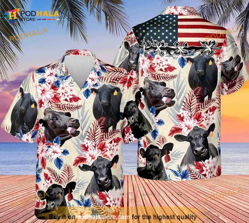 Black Angus Cow Hawaiian Shirt With Tropical Floral Design
