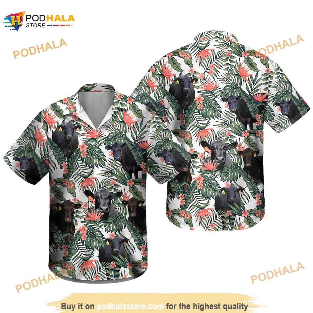 Black Angus Tropical Hawaiian Shirt, Fun Cow Lovers Design