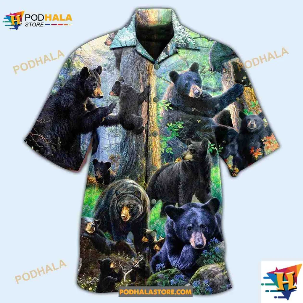 Black Bear Family Hawaiian Shirt, Nature Inspired Design For Wildlife Lovers