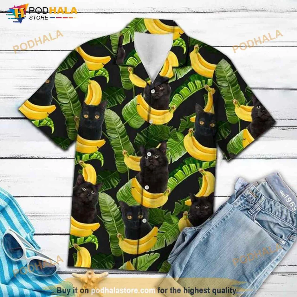 Black Cat Banana Hawaiian Shirt With Playful Tropical Design