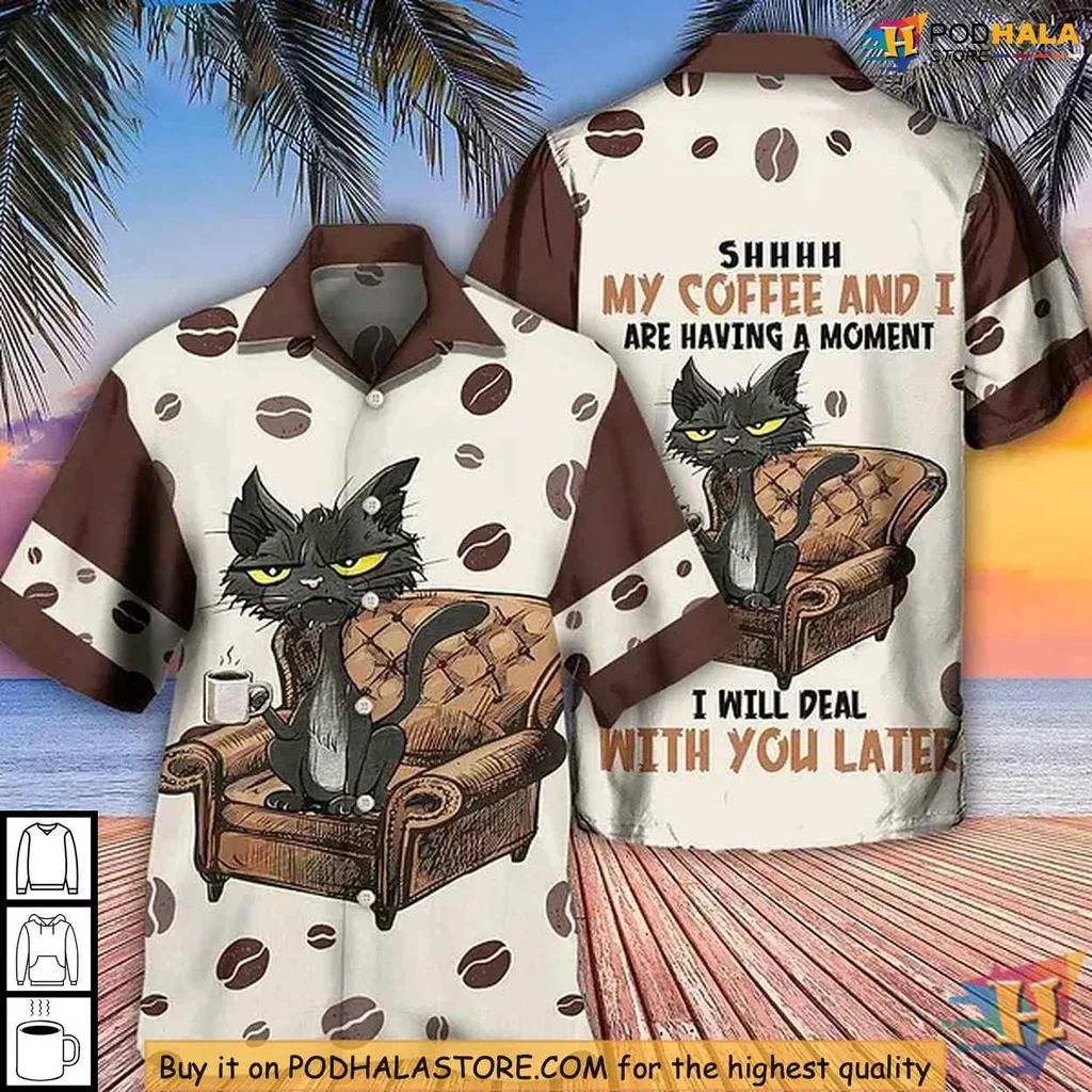 Black Cat Coffee Lover Hawaiian Shirt, Grumpy Cat Humor Design