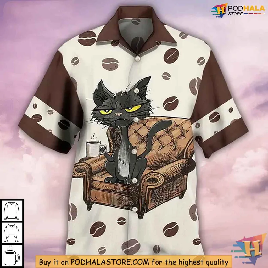 Black Cat Coffee Lover Aloha Shirt, Grumpy Cat Humor Design Black Cat Coffee Lover Aloha Shirt, Grumpy Cat Humor Design