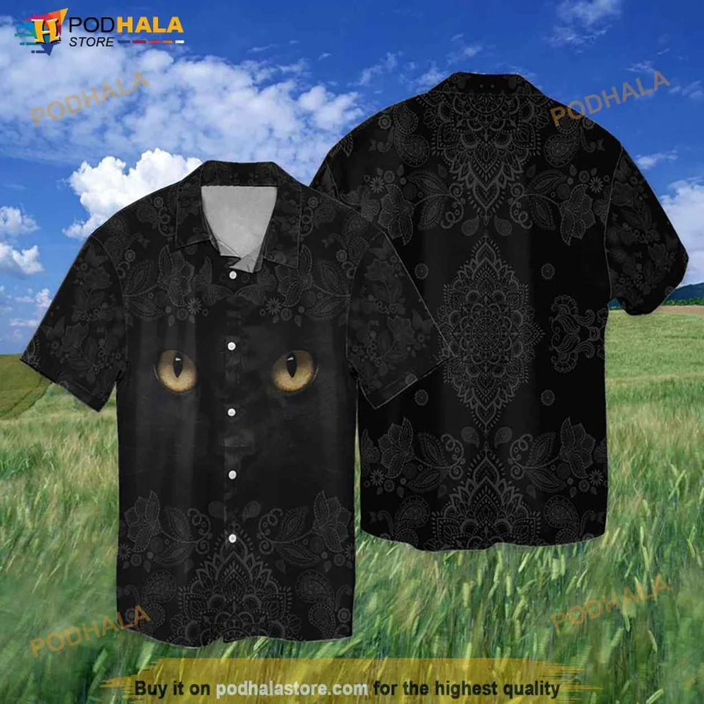 Black Cat Eye Hawaiian Shirt With Intricate Floral Patterns