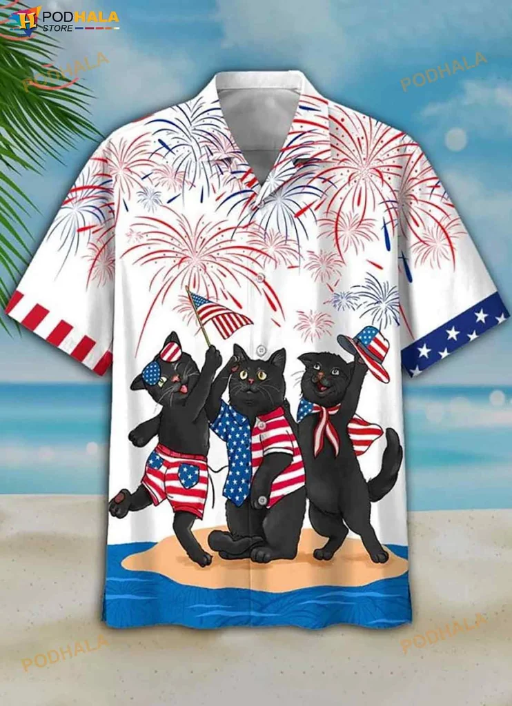 Black Cat Independence Day Hawaiian Shirt With Patriotic Design