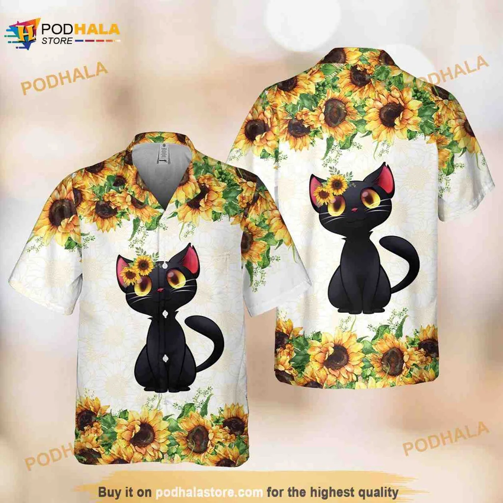 Black Cat Sunflower Hawaiian Shirt, Playful Cat Lovers Aloha Shirt