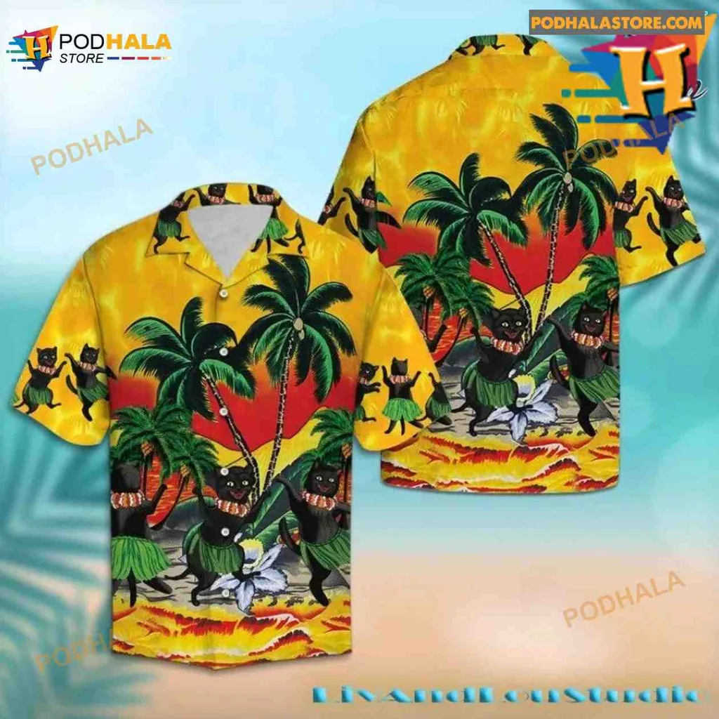 Black Cat Tropical Aloha Shirt With Vibrant Sunset And Palm Trees