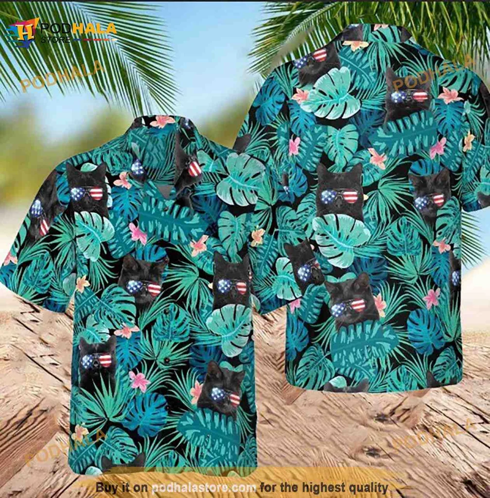 Black Cat Tropical Hawaiian Shirt With American Flag Motifs