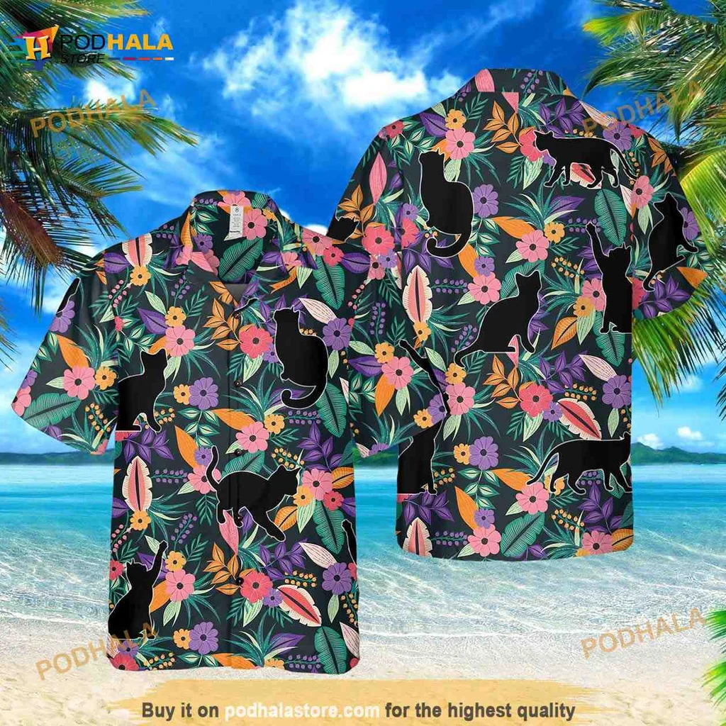 Black Cat Tropical Hawaiian Shirt With Colorful Floral Design