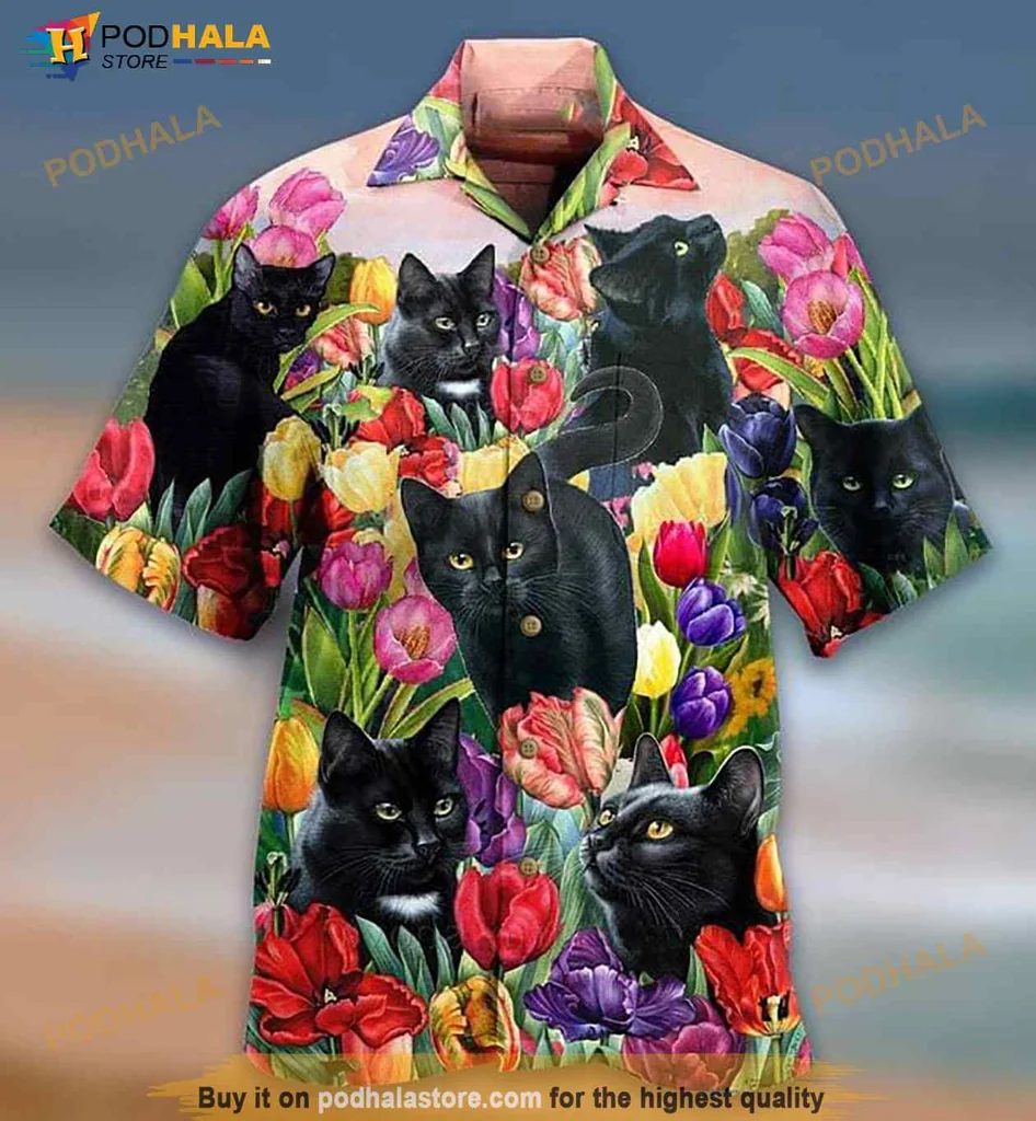 Black Cat Tropical Hawaiian Shirt With Colorful Flowers Design