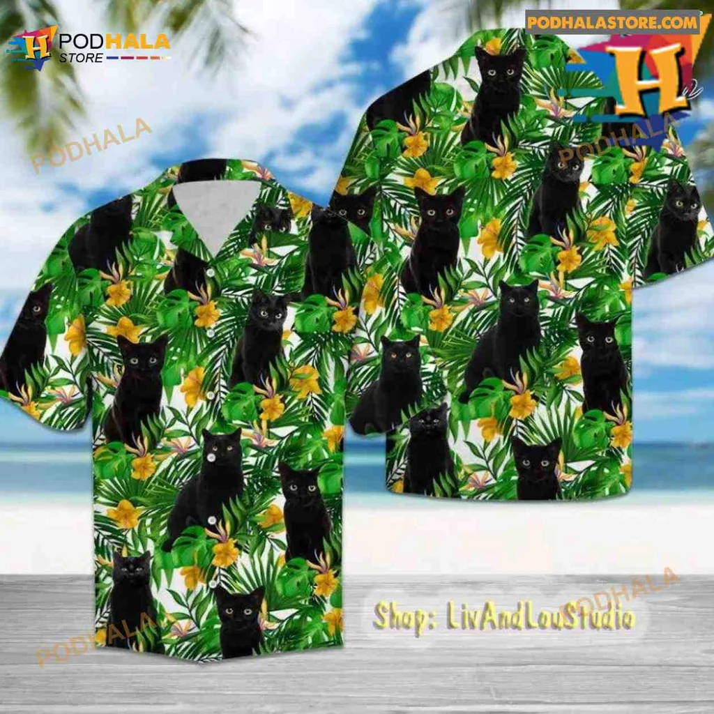 Black Cat Tropical Hawaiian Shirt With Lush Green Leaves And Yellow Flowers