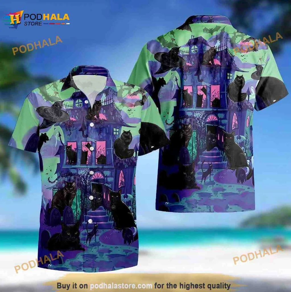 Black Cats Haunted House Hawaiian Shirt With Spooky Design