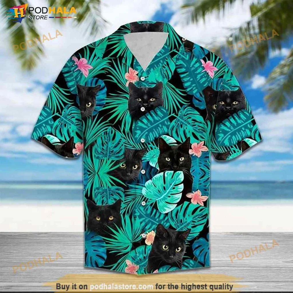 Black Cats Tropical Hawaiian Shirt With Pink Flowers And Lush Green Leaves