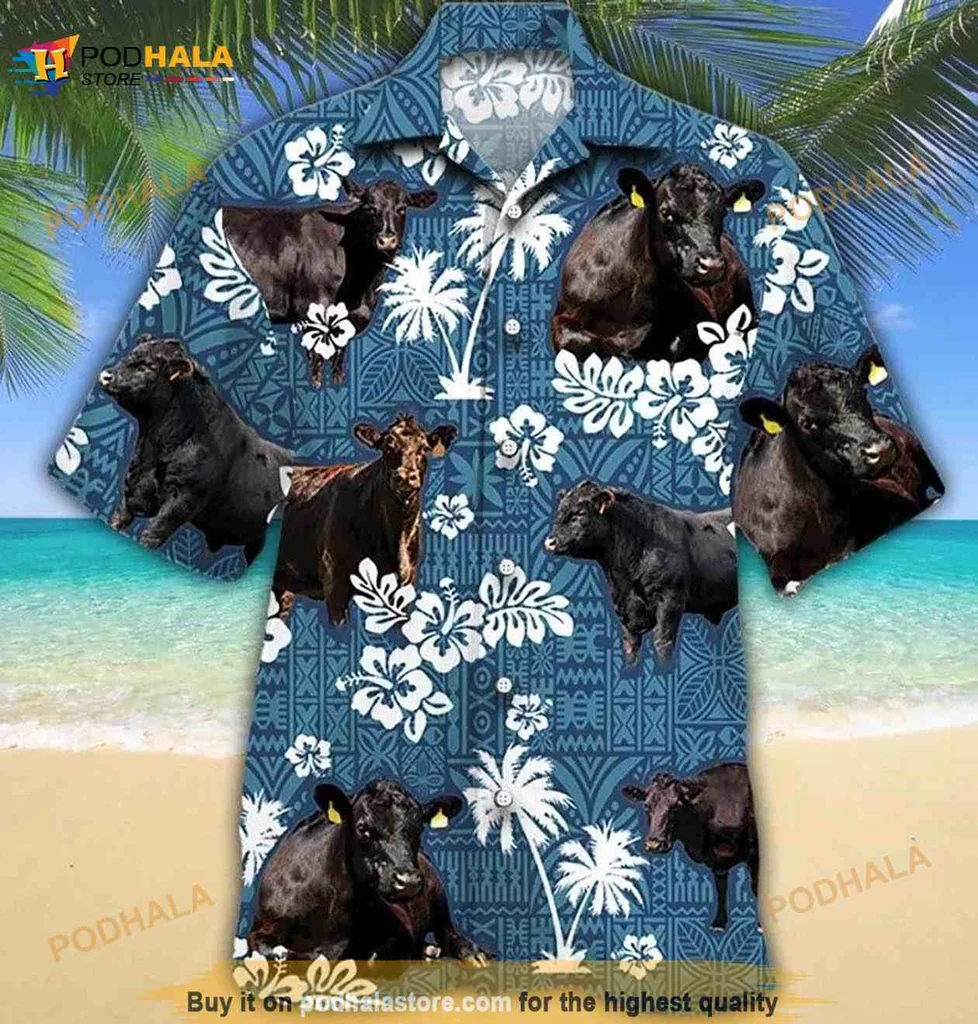 Black Cow Floral Hawaiian Shirt With Tropical Hibiscus Design
