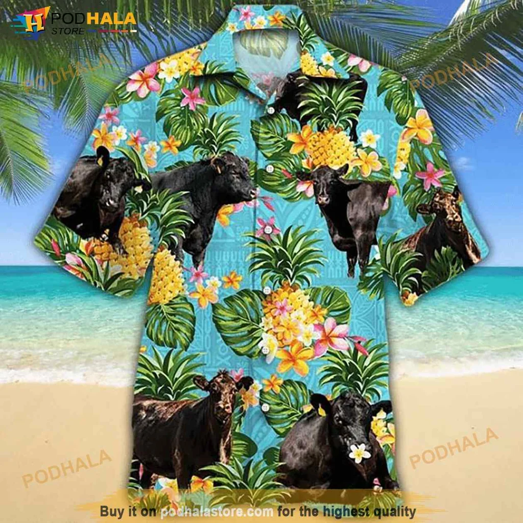 Black Cow Tropical Aloha Shirt With Pineapples And Floral Design