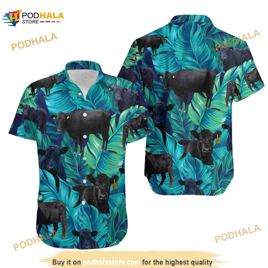 Black Cow Tropical Hawaiian Shirt With Lush Green Leaves
