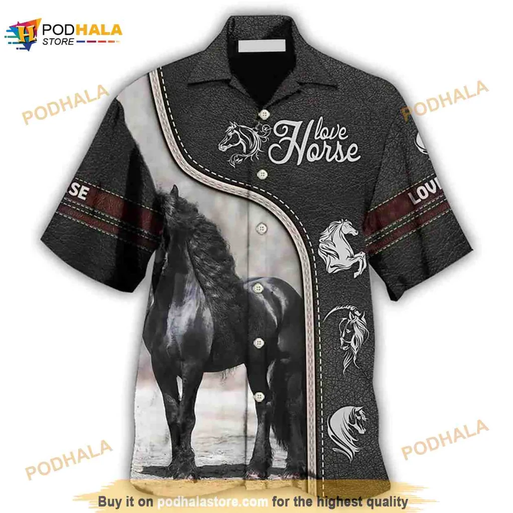 Black Horse Aloha Shirt, Love Horse Hawaiian Shirt For Equestrian Fans