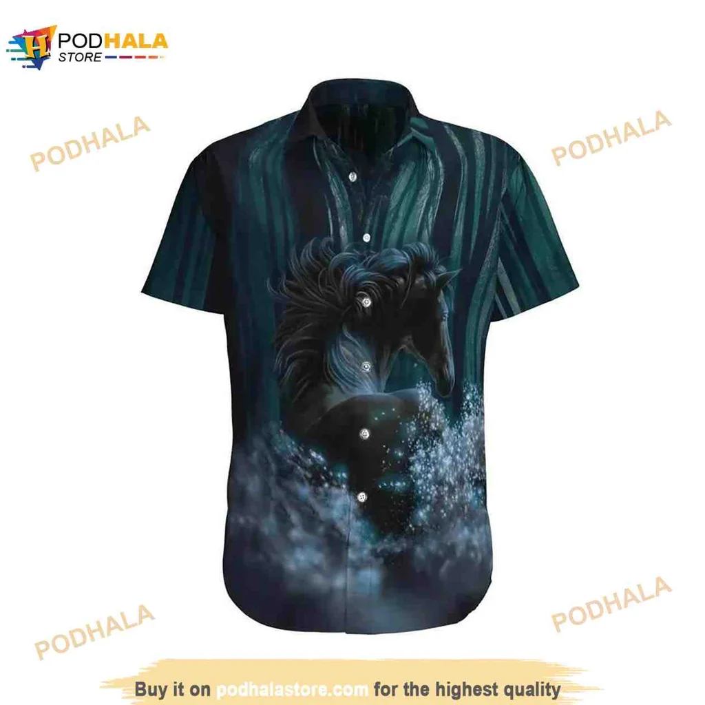 Black Horse Blue Hawaiian Shirt With Majestic Galloping Design