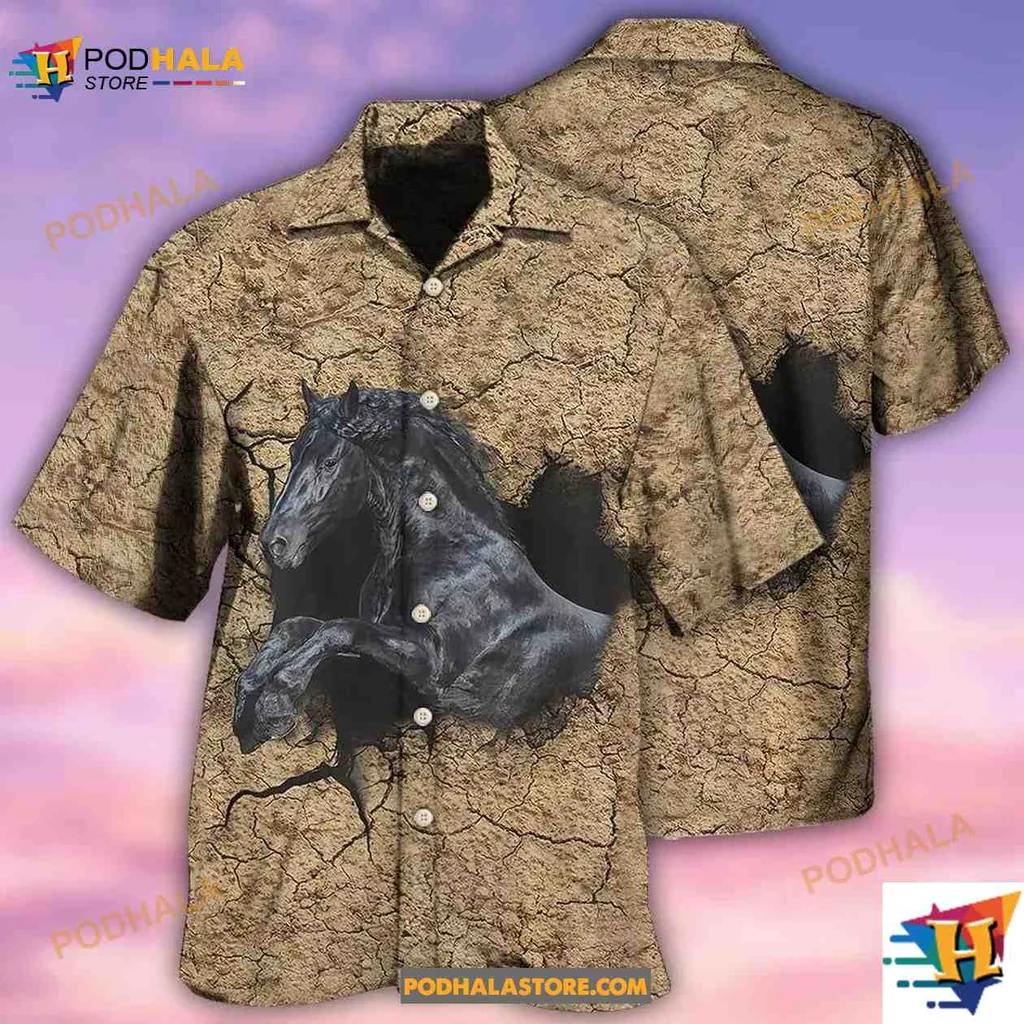 Black Horse Lovers Hawaiian Shirt, Wild And Free Equestrian Design