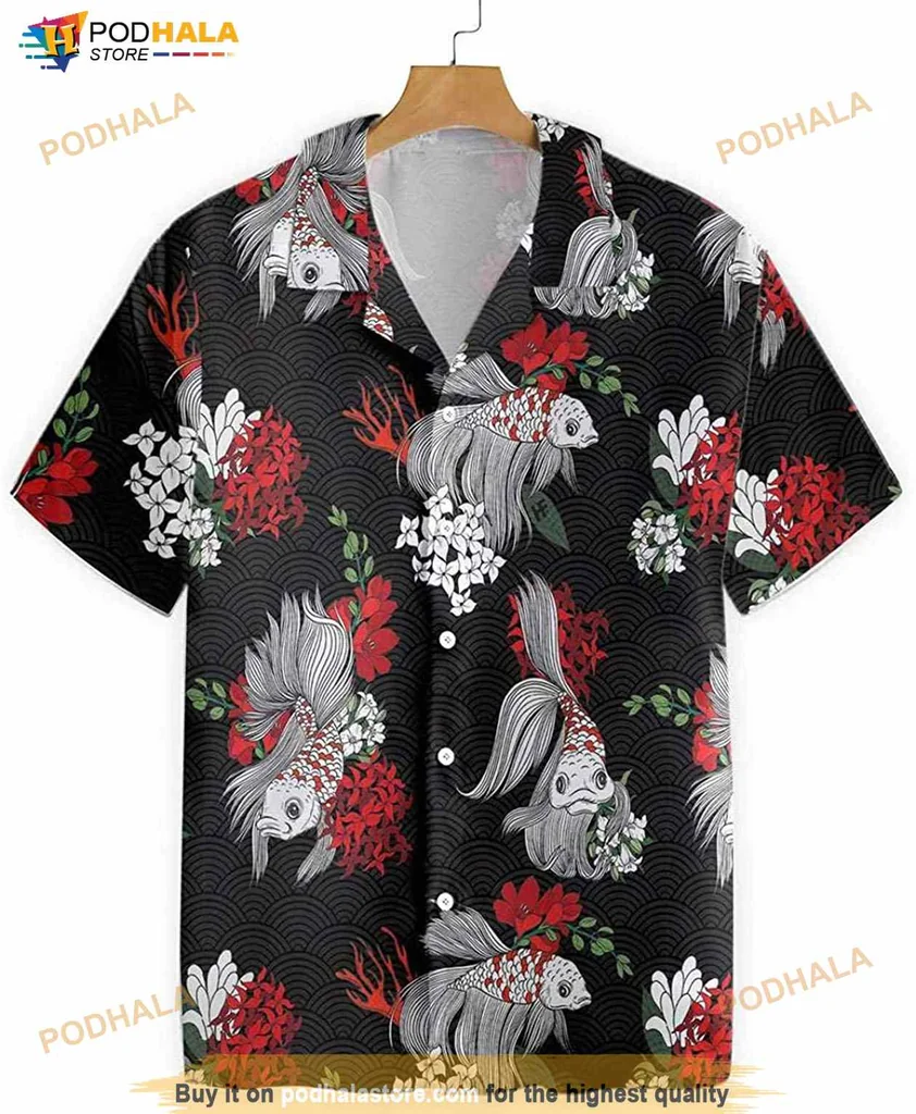 Black Koi Fish Hawaiian Shirt With Red Flowers And Tropical Waves