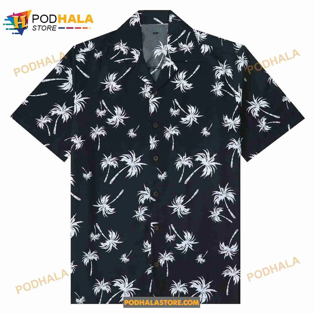 Black Palm Tree Hawaiian Shirt, Casual Short Sleeve Beachwear