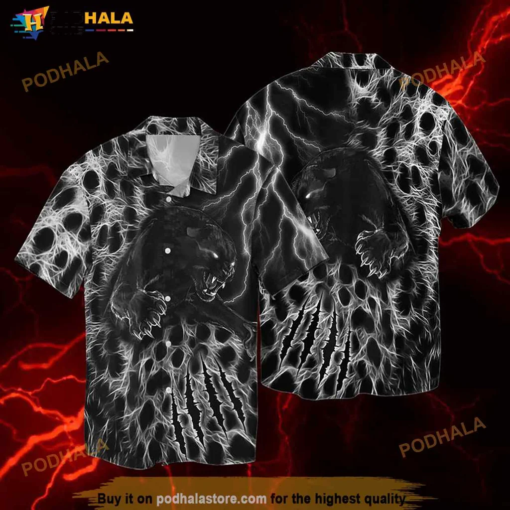 Black Panther Graphic Hawaiian Shirt With Lightning Design