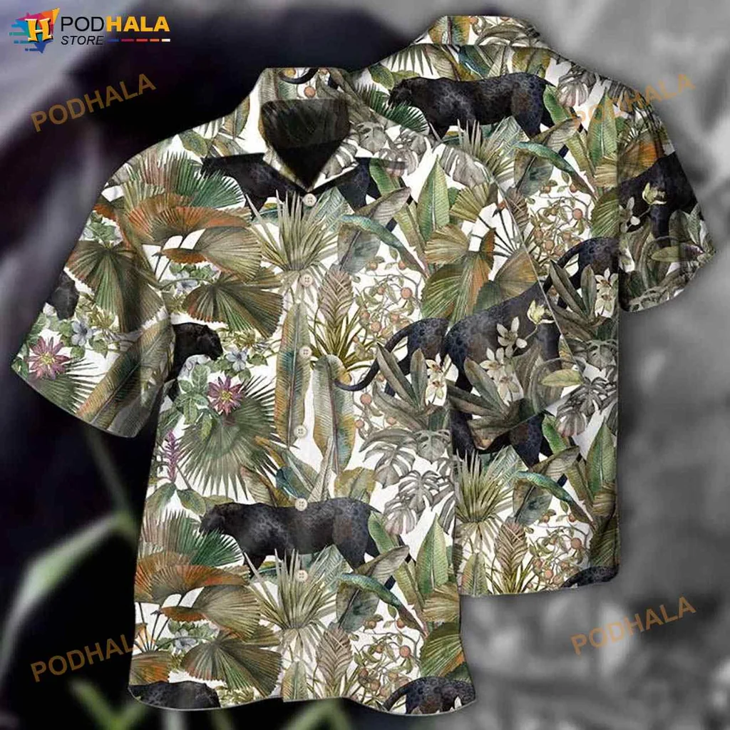 Black Panther Tropical Hawaiian Shirt With Lush Green Leaves