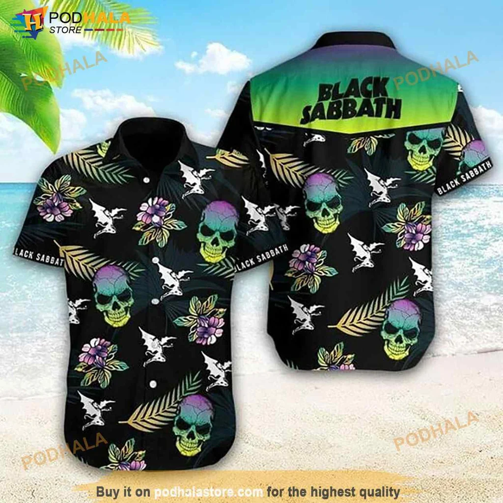 Black Sabbath Rock Band Hawaiian Shirt With Colorful Skull And Floral Design