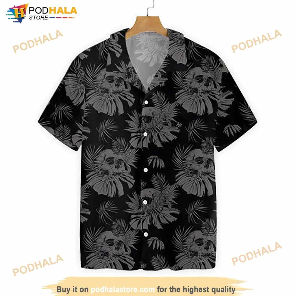 Black Skull Hawaiian Shirt With Vintage Tropical Design