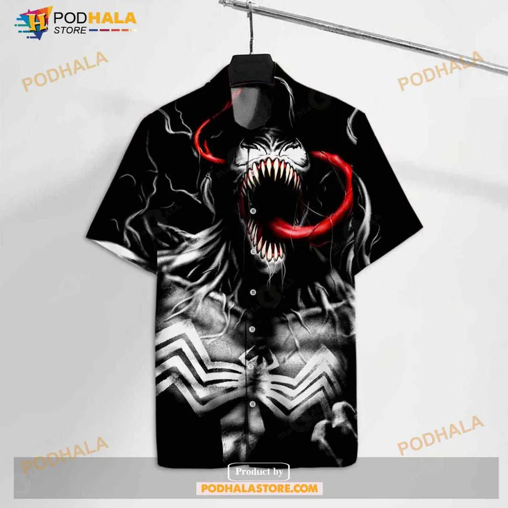 Black Venom Hawaiian Shirt With Fierce Creature Graphic Design