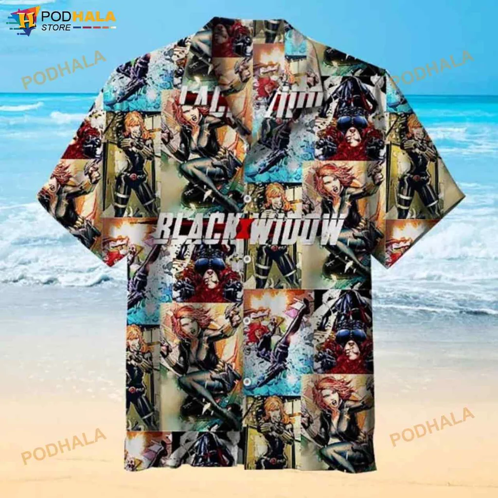 Black Widow Comic Fan Hawaiian Shirt With Colorful Action Illustrations