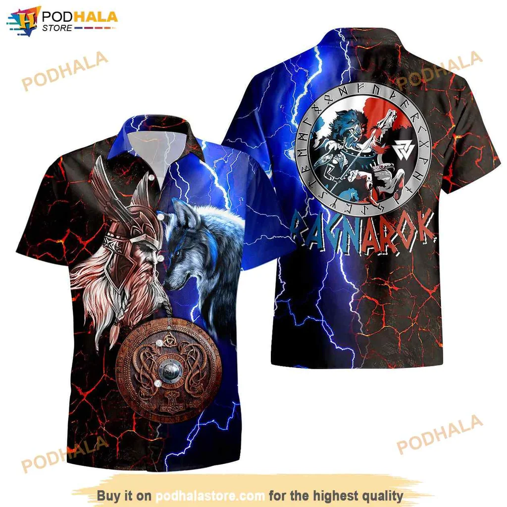 Black Wolf Viking Hawaiian Shirt Featuring Odin And Fenrir With Lightning Motifs