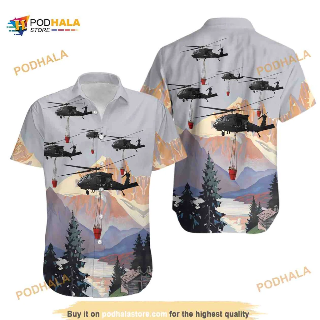 Blackhawk Helicopter Firefighting Hawaiian Shirt With Vibrant Mountain Design