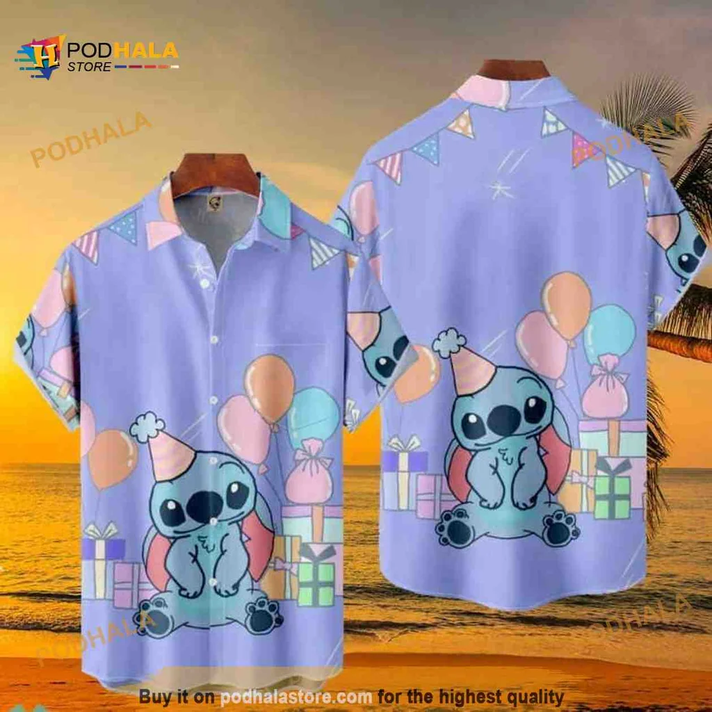Blue Alien Party Hawaiian Shirt With Colorful Balloons And Gifts