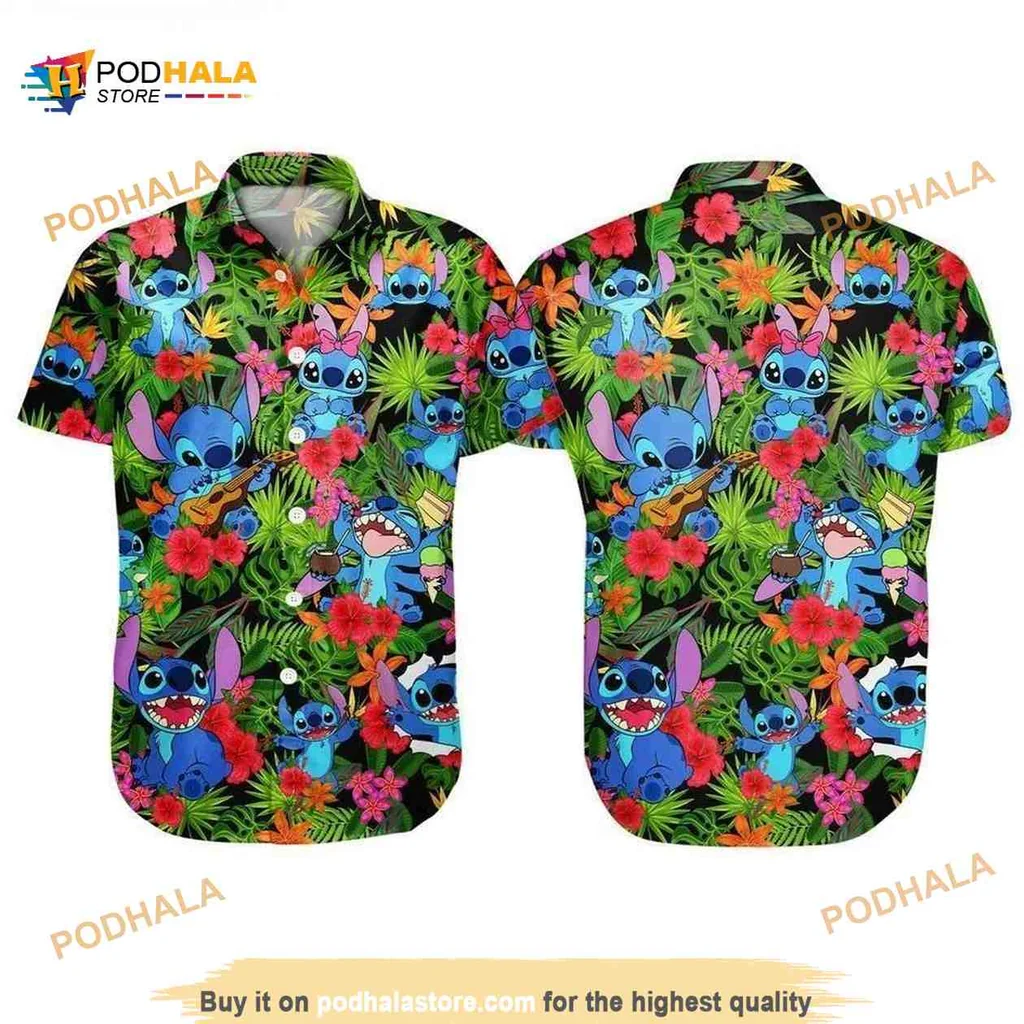 Blue Alien Tropical Floral Shirt, Colorful Summer Hawaiian Design