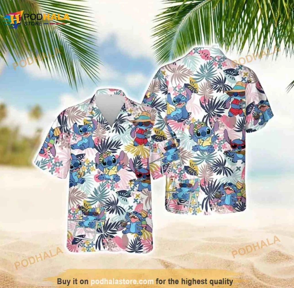 Blue Alien Tropical Hawaiian Shirt With Palm Leaves And Pink Flowers