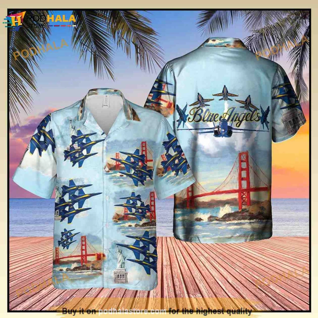 Blue Angels Hawaiian Shirt With Golden Gate Bridge Design