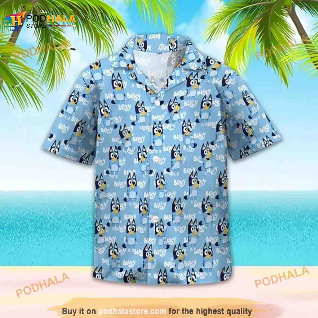 Blue Cartoon Dog Hawaiian Shirt With Tropical Beach Design