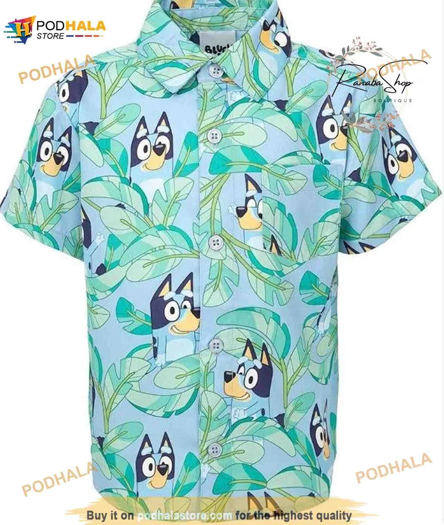 Blue Cartoon Dog Hawaiian Shirt With Tropical Leaves Design