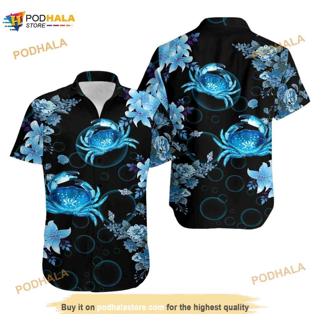 Blue Crab Hawaiian Shirt With Vibrant Floral Design